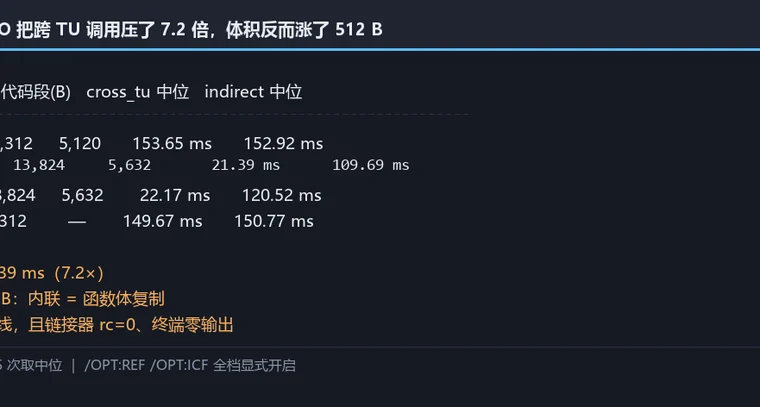 MSVC 侧 LTO 档的计时与体积读数面板