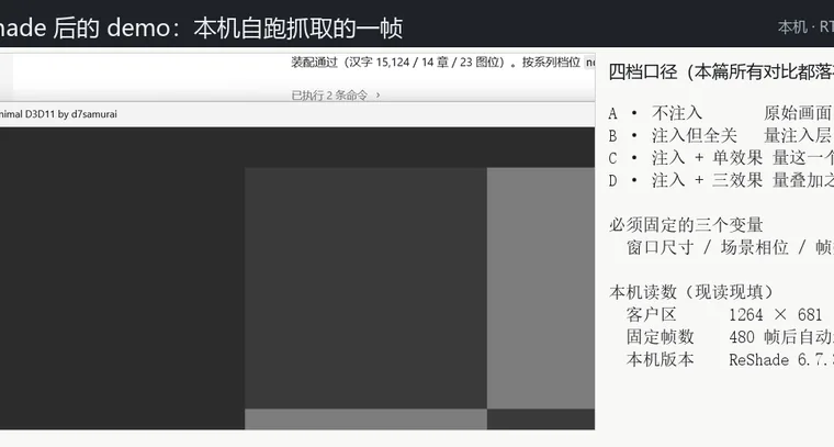 注入 ReShade 后 demo 的画面与四档口径并置