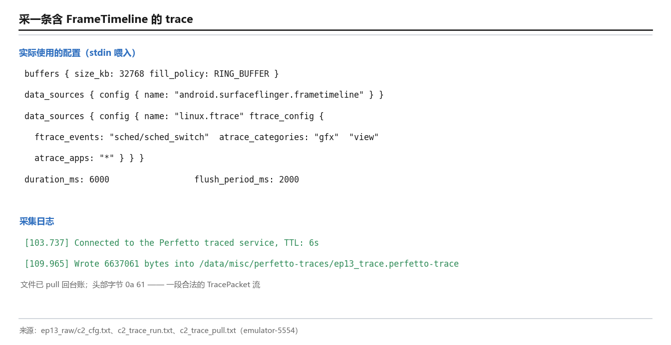 采一条含 FrameTimeline 的 trace