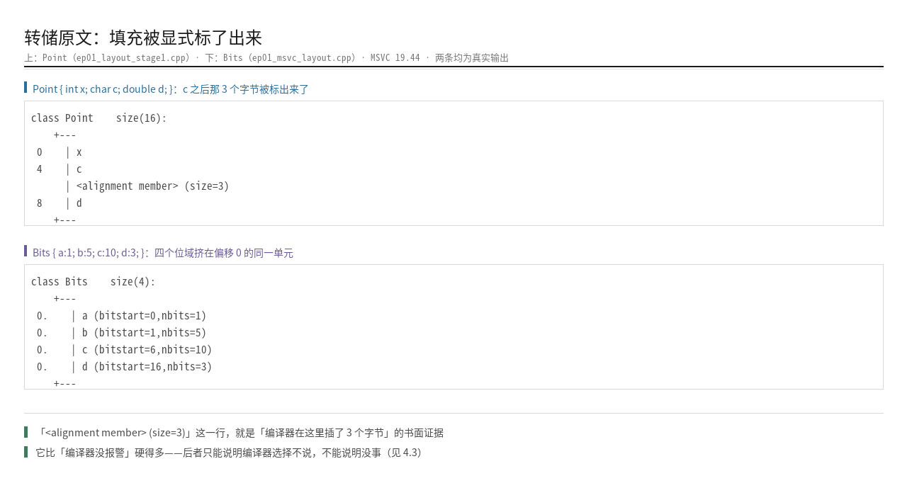本机 MSVC 转储原文：编译器插入的填充被标成 alignment member (size=3)