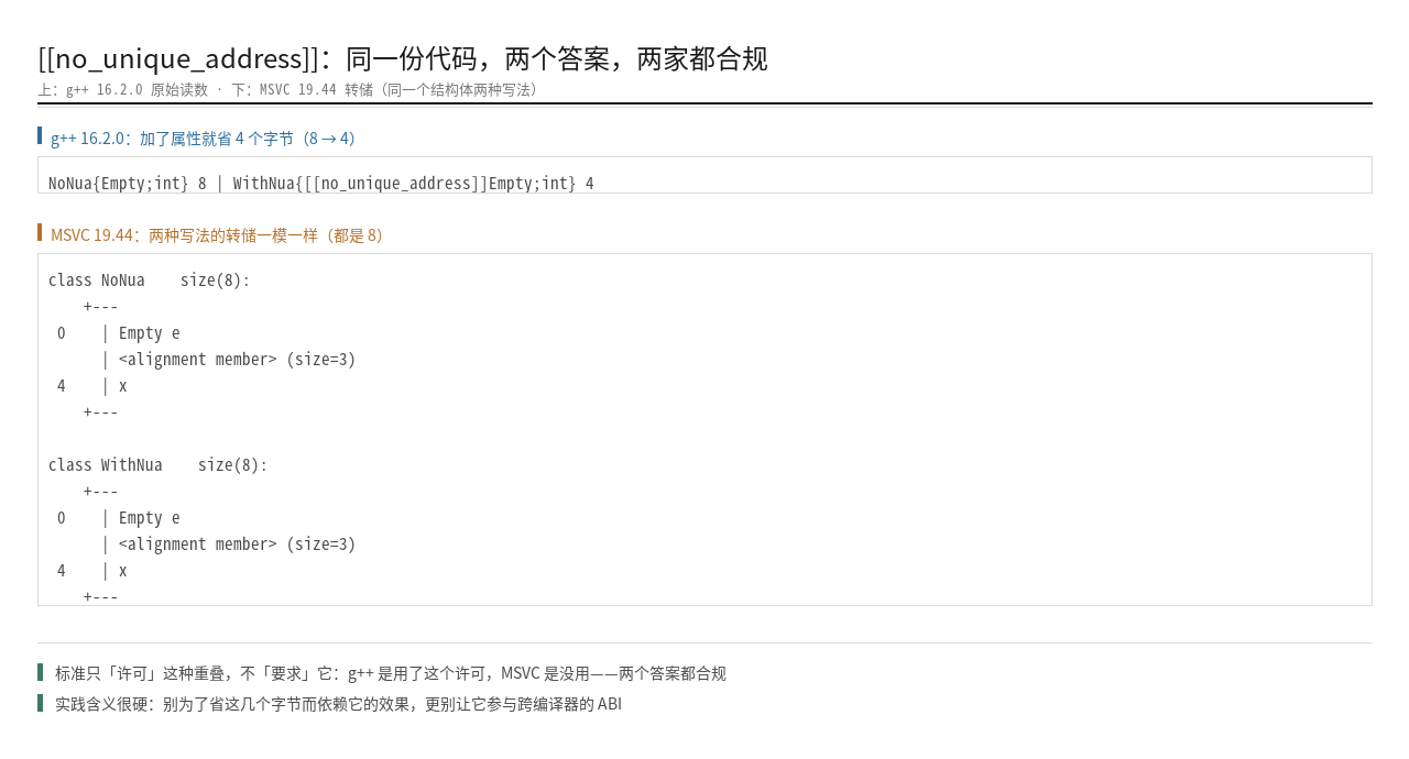 同一份代码加不加 no_unique_address 的两家读数：g++ 从 8 变 4、MSVC 还是 8