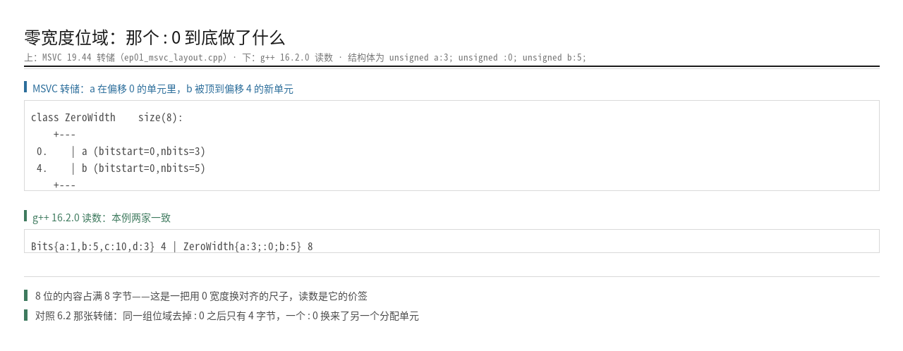 零宽度位域的作用：把后续字段顶到下一个分配单元边界，8 位内容因此占满 8 字节