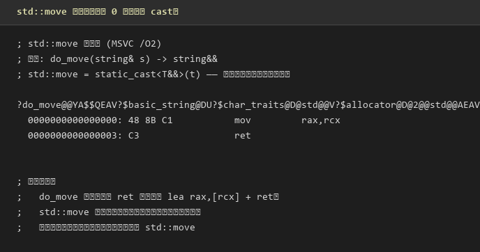 std::move 反汇编证明——零指令，纯 static_cast 类型转换，无运行时开销