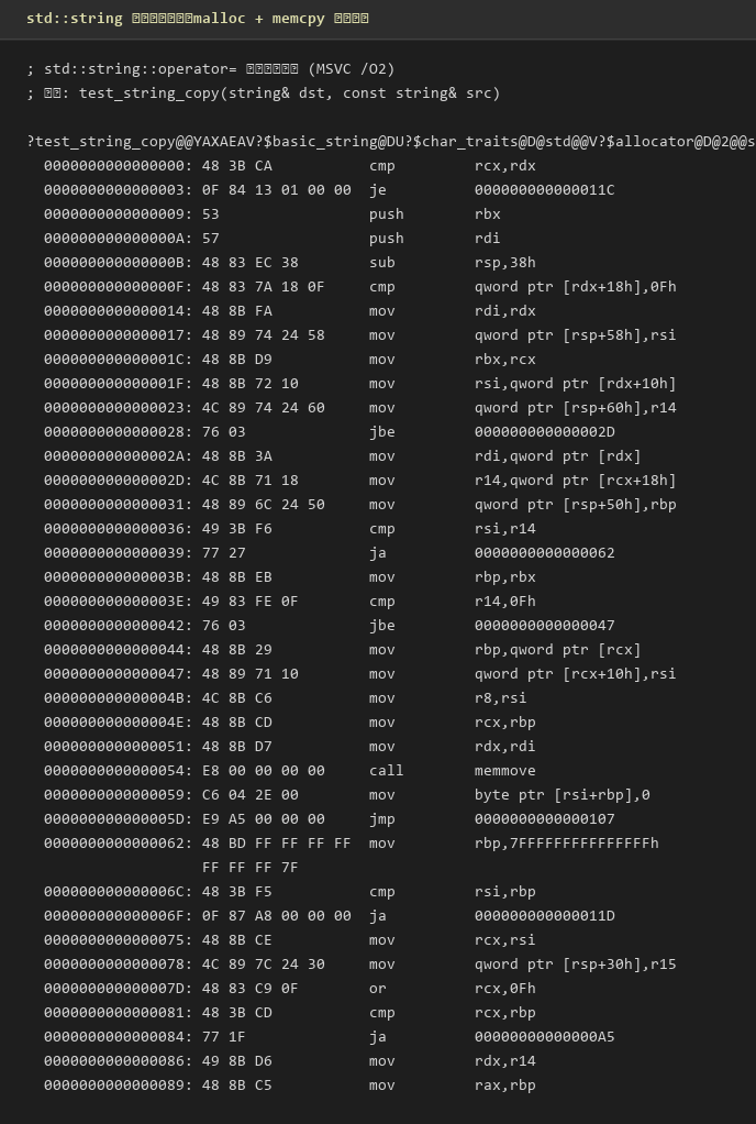 std::string 深拷贝反汇编——operator= 内部的 malloc + memcpy 调用链