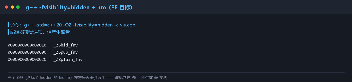 -fvisibility=hidden 在 PE 目标上的实测