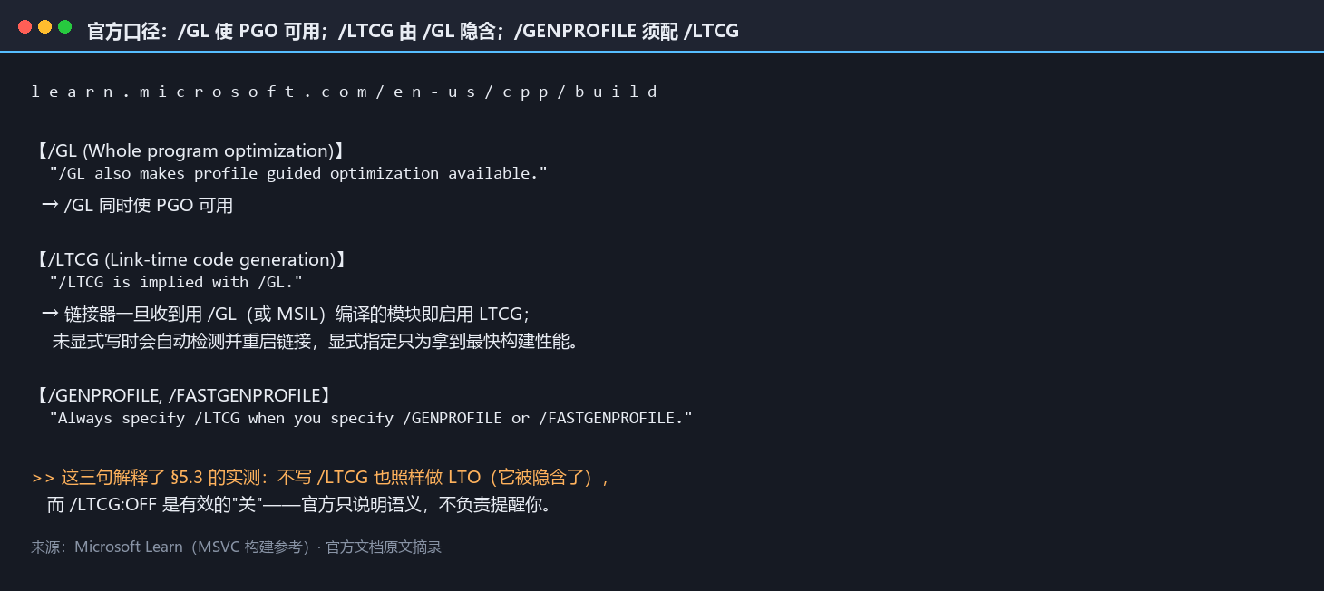 官方口径：/GL 使 PGO 可用、/LTCG 由 /GL 隐含、/GENPROFILE 须配 /LTCG