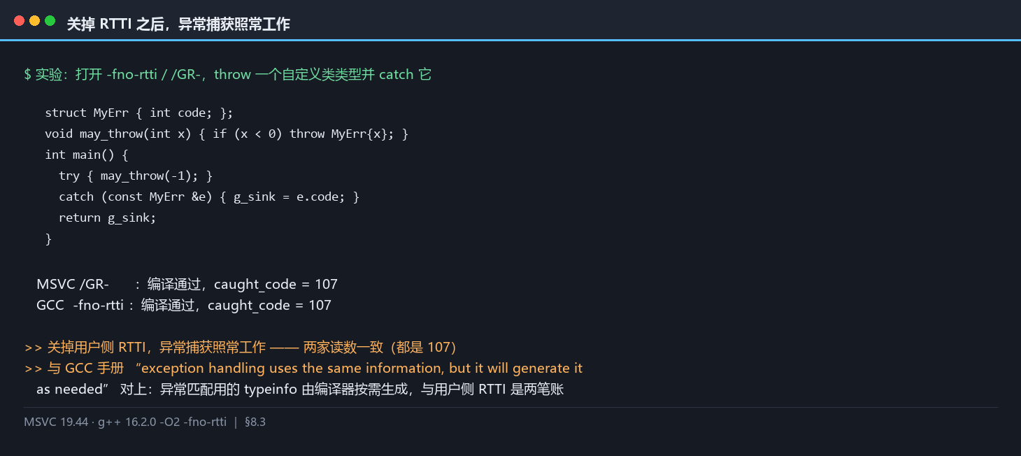 关掉 RTTI 后异常仍可用：两家 caught_code 都是 107
