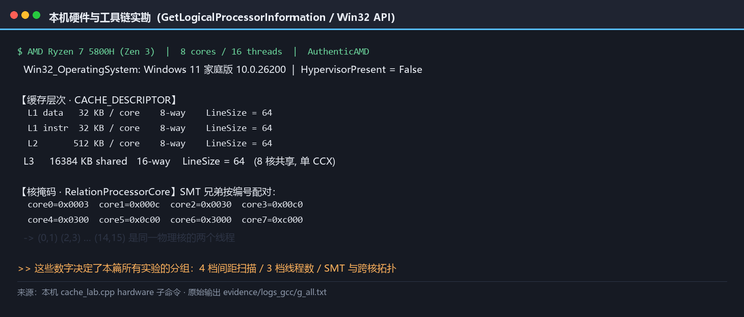 本机硬件与工具链实勘面板：CPU 型号与核数、三级缓存容量与关联度、行宽 64、两个 interference_size 常量两家读数、alignof max_align_t 的 8 与 16 差异