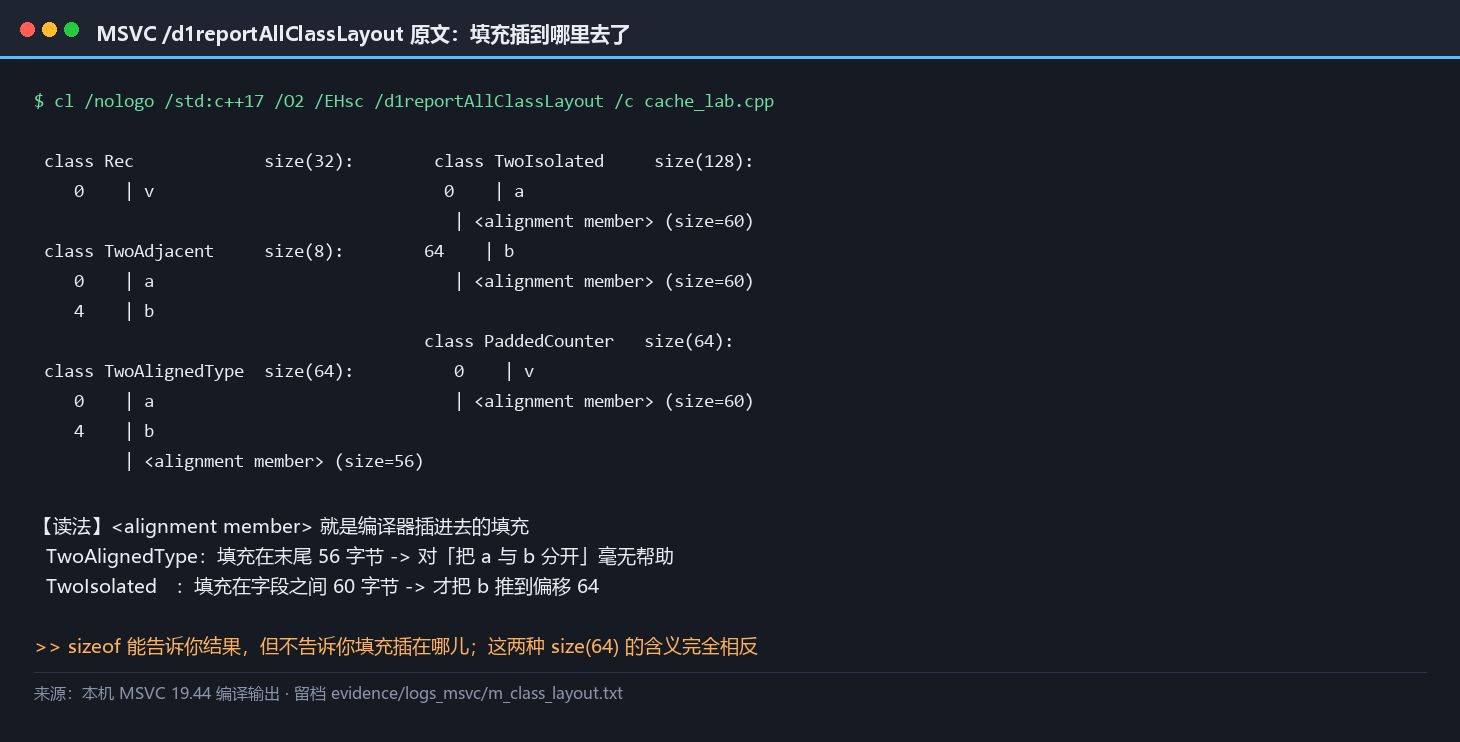 MSVC 布局转储现场：d1reportAllClassLayout 打印的五个结构体布局，标出 alignment member 的位置差异——类型对齐时填充在末尾、字段对齐时填充在字段之间
