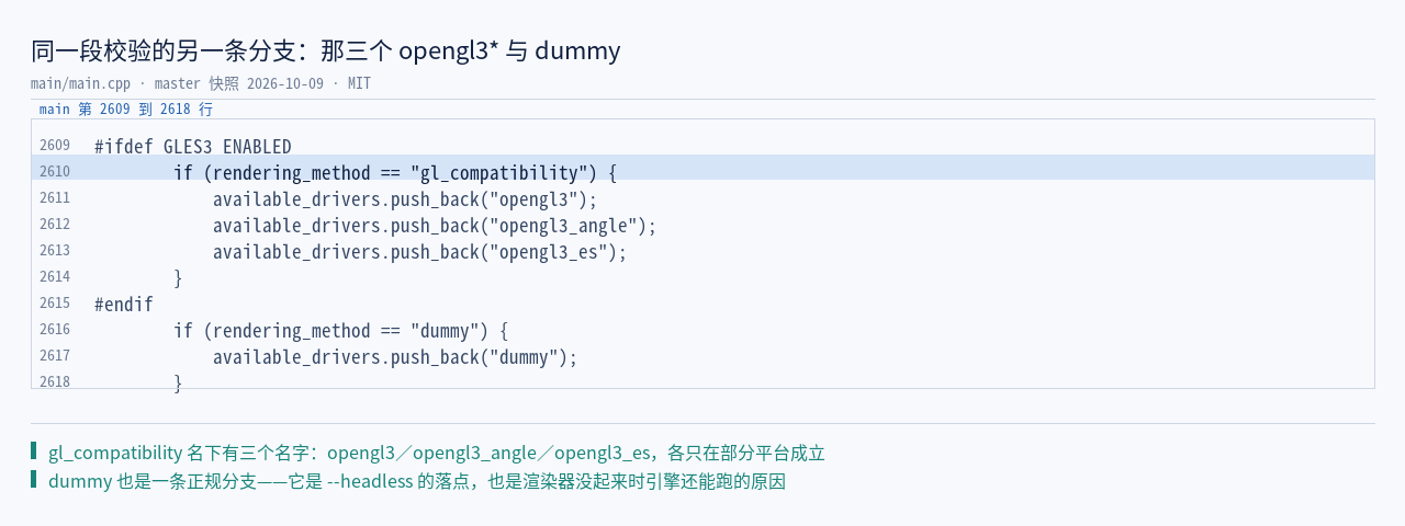 main.cpp 另一区间原文：#ifdef GLES3_ENABLED 段的三个 opengl3* 与 dummy…