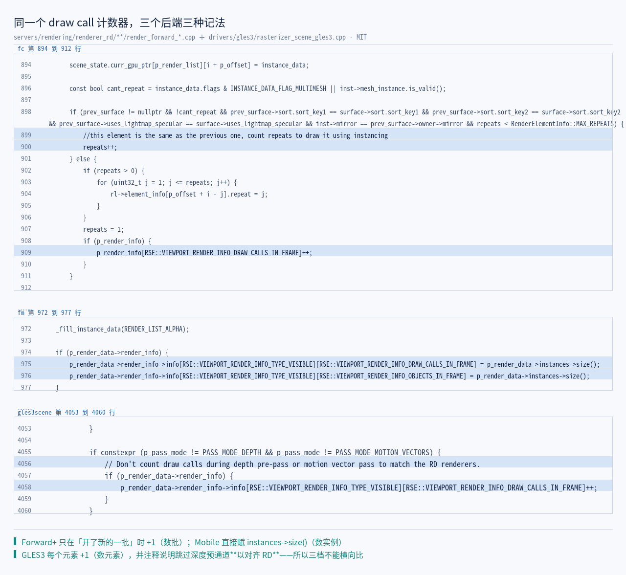 三处计数写入点源码并排：render_forward_clustered.cpp（按 instancing 批 ++…