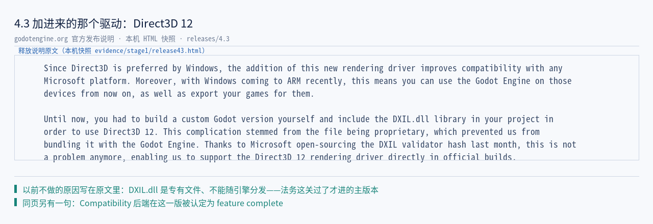 4.3 发布说明原文：「New rendering driver supported — Direct3D 12」整…