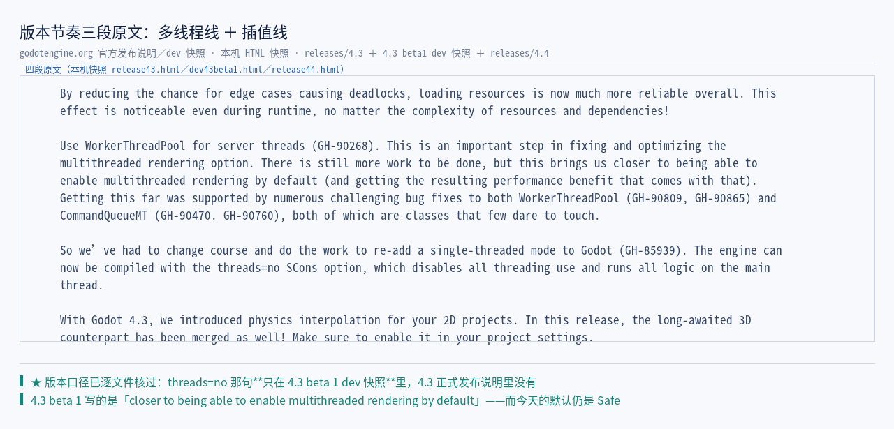 官方页面原文三段：4.3 发布说明的「General multi-threading improvements」（含…
