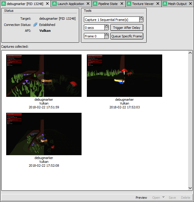 RenderDoc 官方界面：多帧抓帧并排比对，示范"证据长什么样"（自跑样本自实机篇起补齐）