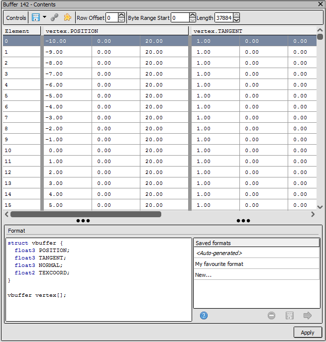 Buffer 以 array-of-structs 布局查看：Constant buffer 一律 AoS