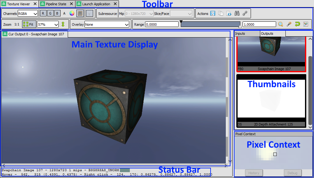 Texture Viewer 分区：主区、tab、缩略图条、状态栏