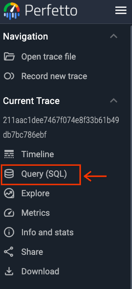 Perfetto UI 顶部的 Query (SQL) 标签页位置：标出导航栏上的入口与点击后的查询界面
