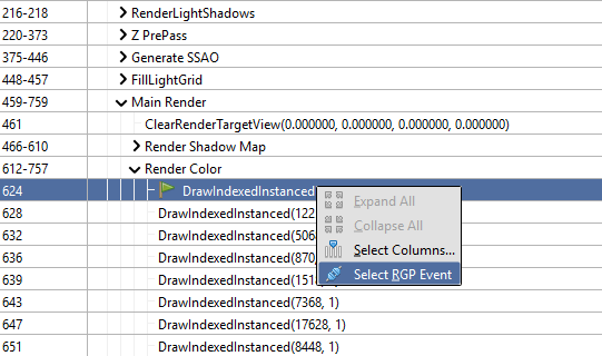 RenderDoc 官方实景：在 RGP 里右键 Select RenderDoc Event，可以把当前选中的事件同步到 RenderDoc 的事件树