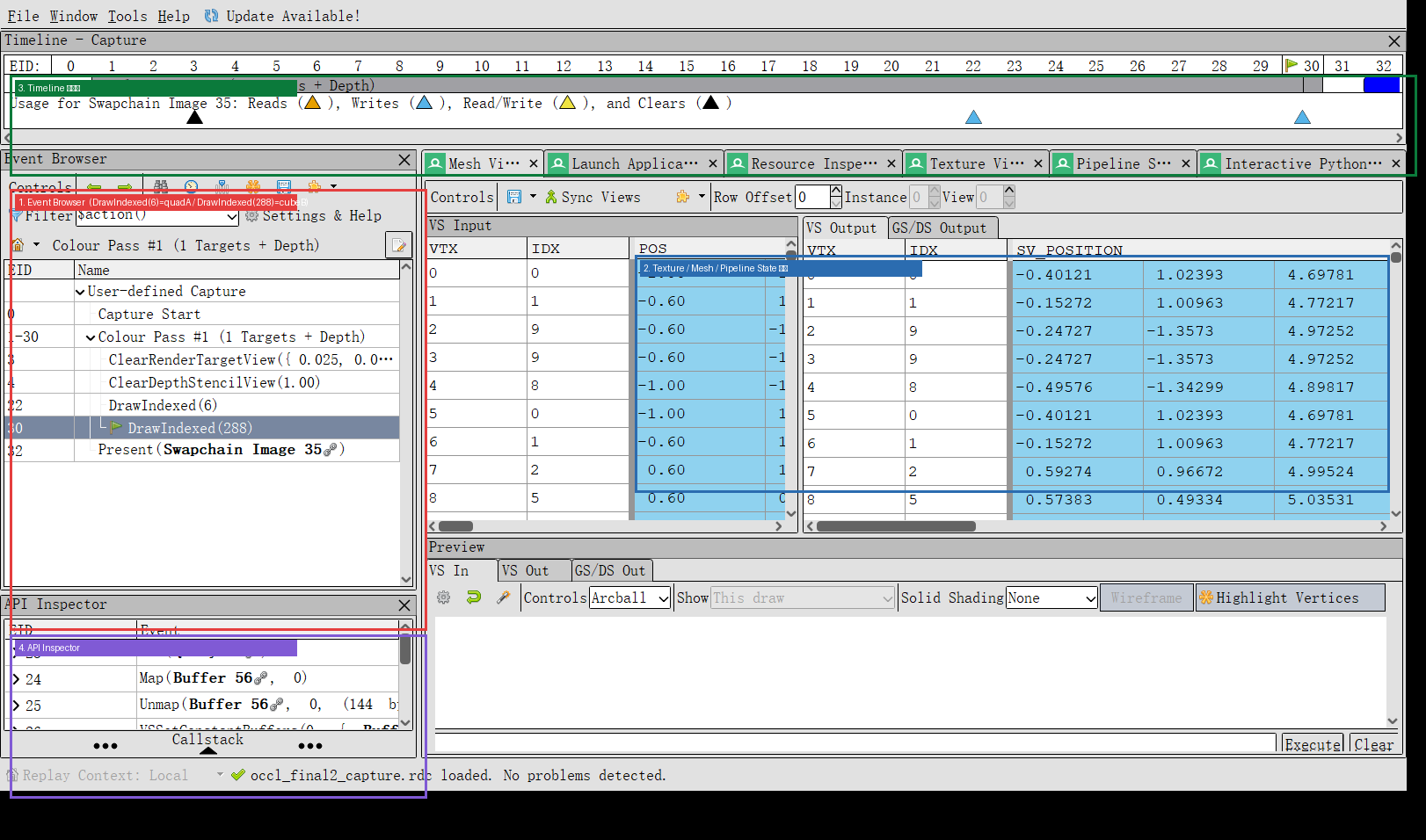 本机 qrenderdoc 界面四区标注：① 左侧 Event Browser 事件树 ② 中间 Mesh 视图 ③ 下方 Timeline 标记带 ④ 右侧 API Inspec