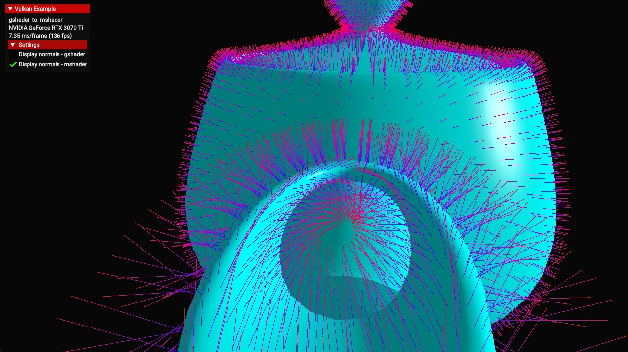 Vulkan 官方示例：同一个茶壶模型分别走几何着色器与 mesh shader 两条管线，以法线可视化验证两者结果一致——换的是提交方式，不是画面