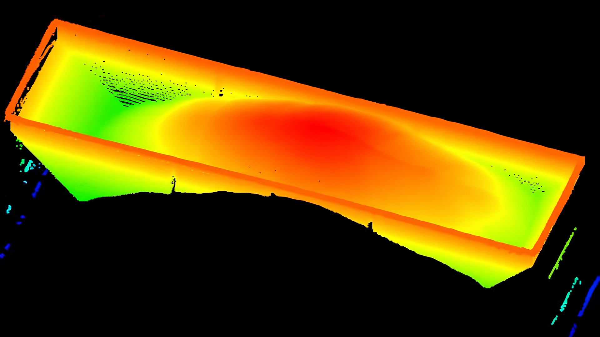 料堆 LiDAR 点云：红高蓝低的高度着色，数据规模与几何复杂度同步增长
