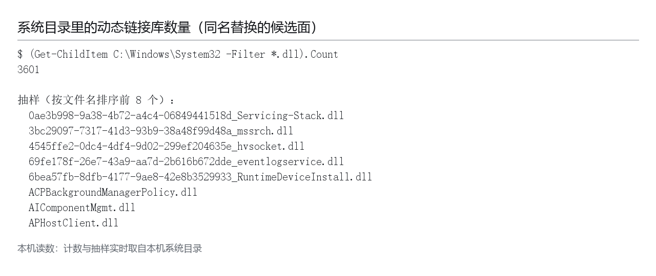 本机读数面板：系统目录里动态链接库的数量与抽样文件名，用来说明「同名