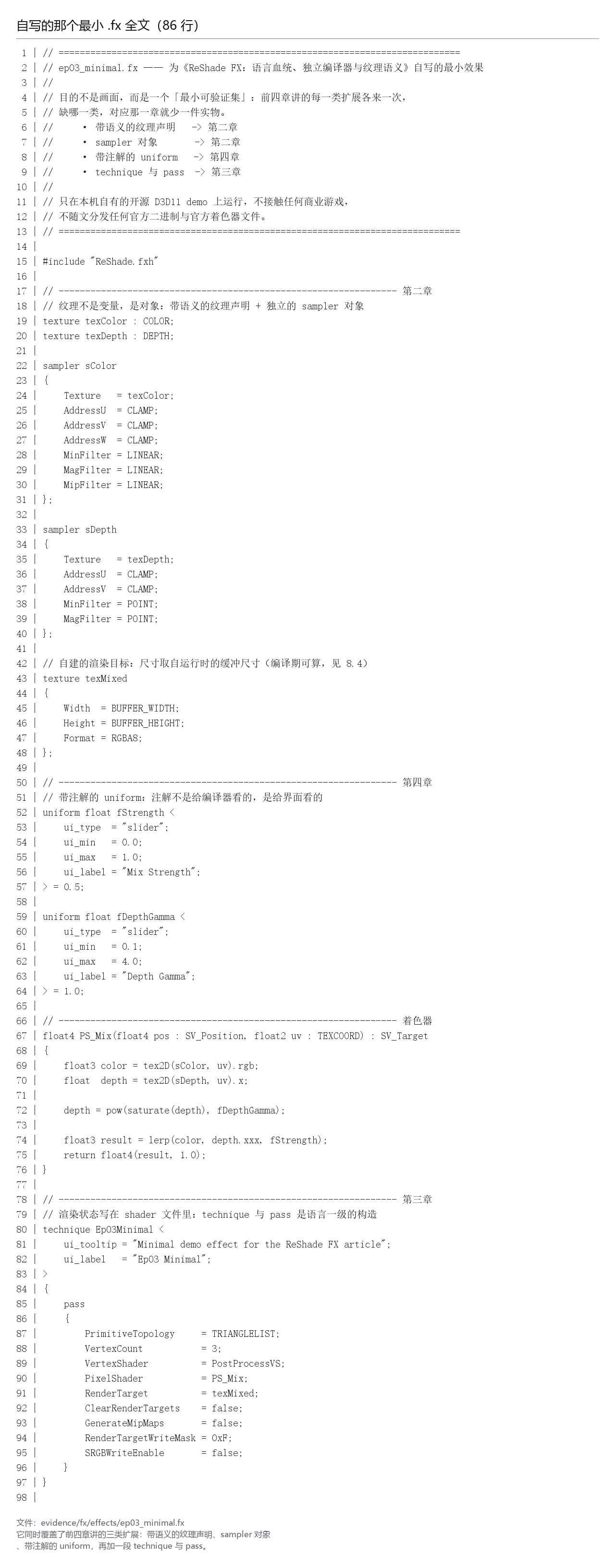 本机读数面板：自写最小 .fx 的源码原文，含纹理声明与 techn