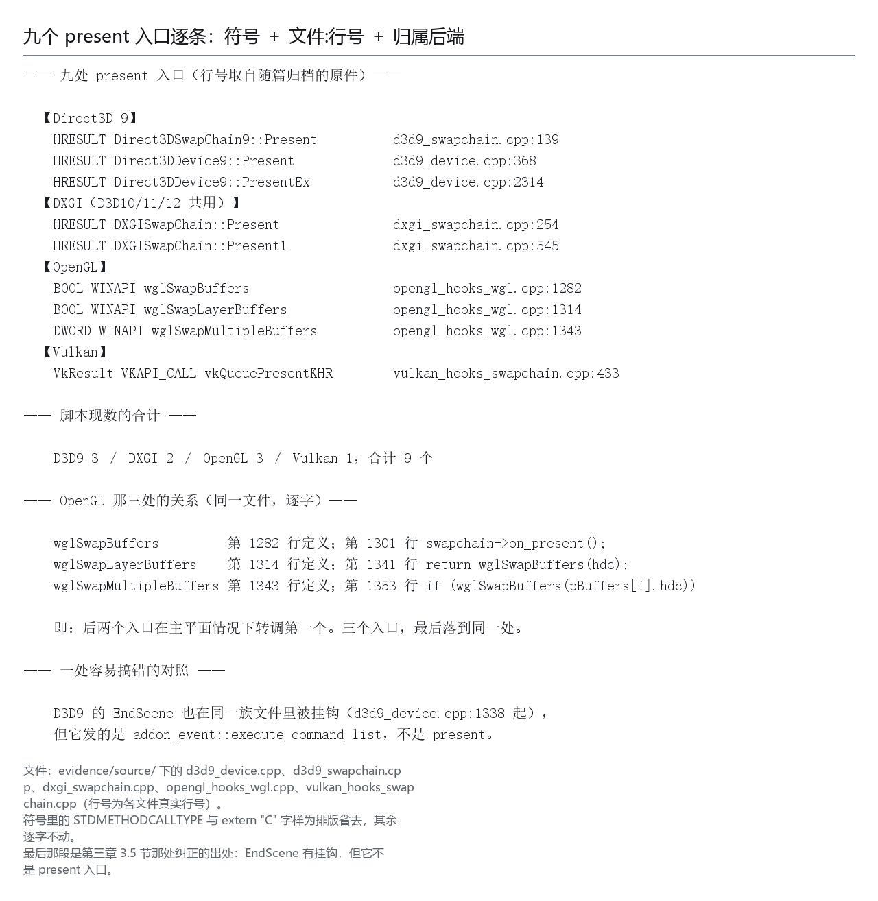 九个 present 入口逐条：符号、文件:行号、归属后端