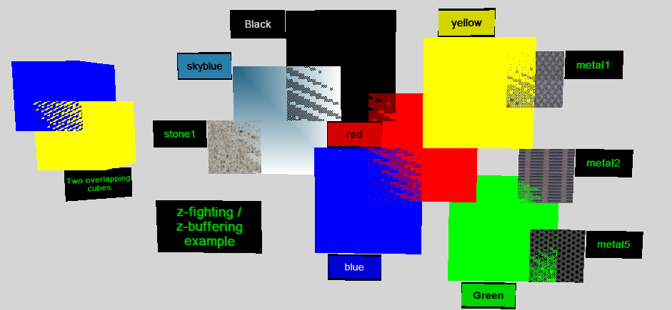 两个重叠立方体的 z-fighting 对照（原图 941×435）